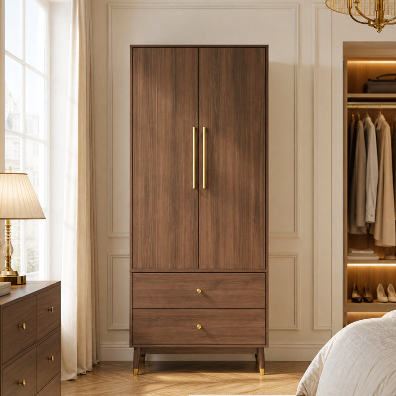 31.5" W 2-Door Wardrobe Armoire with Clothing Rod, 2 Shelves & 2 Drawers, Brown