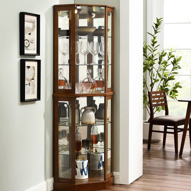 Lights & Mirrored Back 6 Shelf Cabinet, Walnut, Adjustable Exhibitcase 6-Shelf Curio Lights, Mirrored, Present, Walnut