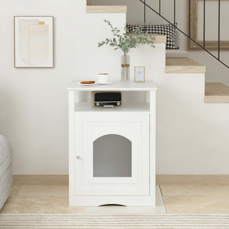 Meuble de litière pour chat, maison de chat en bois avec armoire fermée, litière cachée avec tablette de rangement, table d'appoint moderne pour salon ou chambre à coucher - blanc