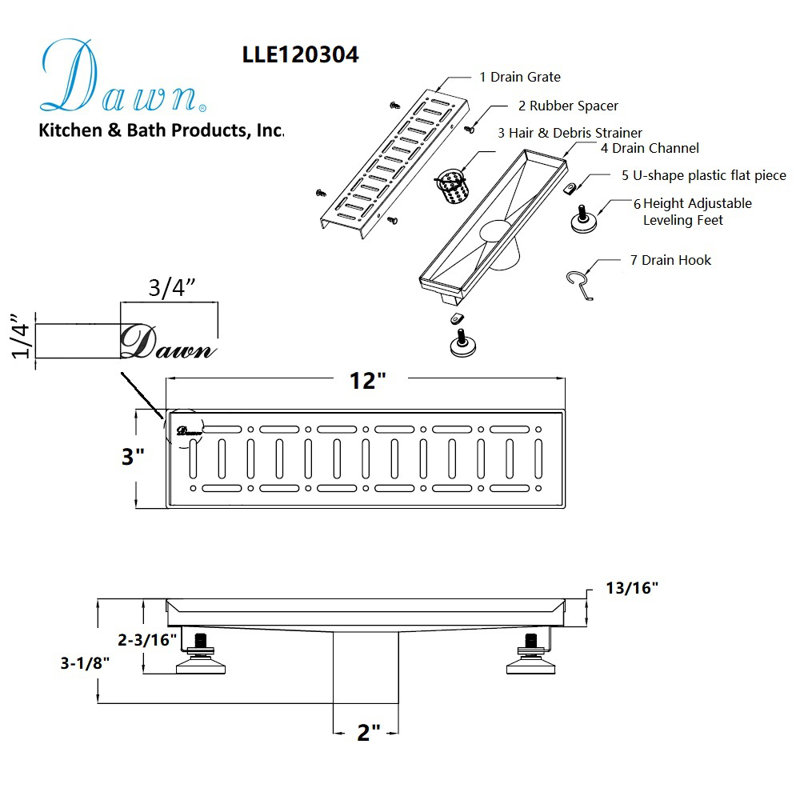 Loire River Series 12 Inch Long Stainless Steel Linear Floor Shower Drain