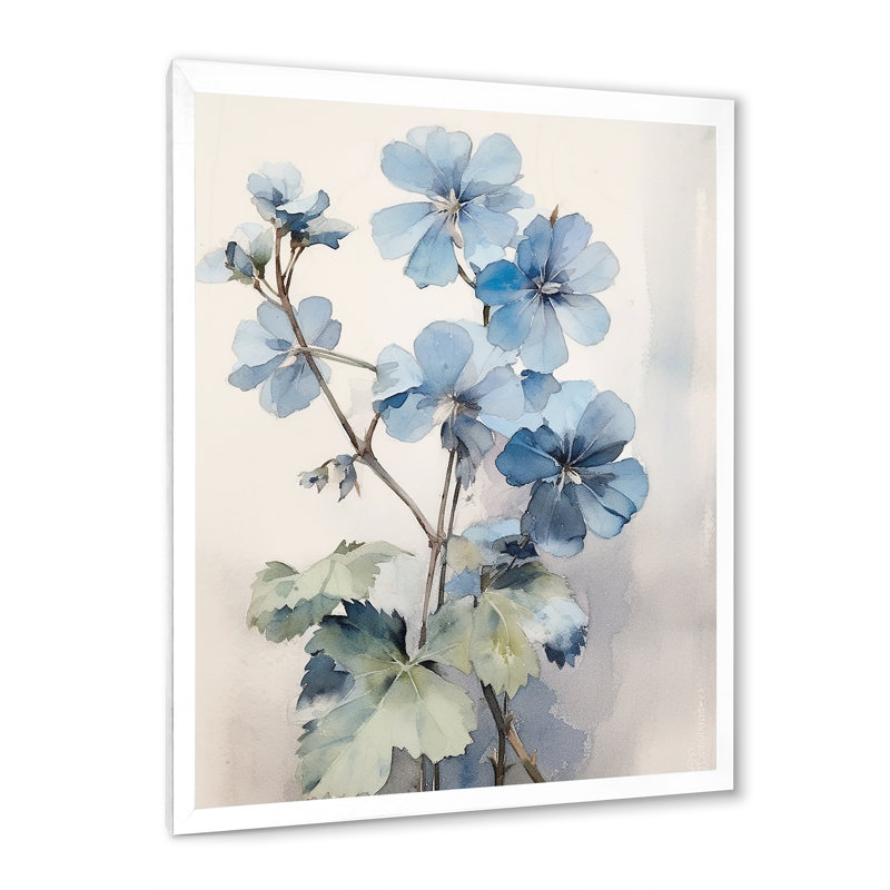 «Blue and White Geranium Minimal Expression I», reproduction sur toile, Cadre simple blanc, H 44 po x l 34 po x P 1,5 po