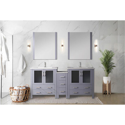 Dark Grey 72 In. W Double Bath Vanity, Side Cabinets, White Ceramic Top, 28 Mirrors, Soft - Closing Drawer System, Vanity Surface With Close Feature, Countertop