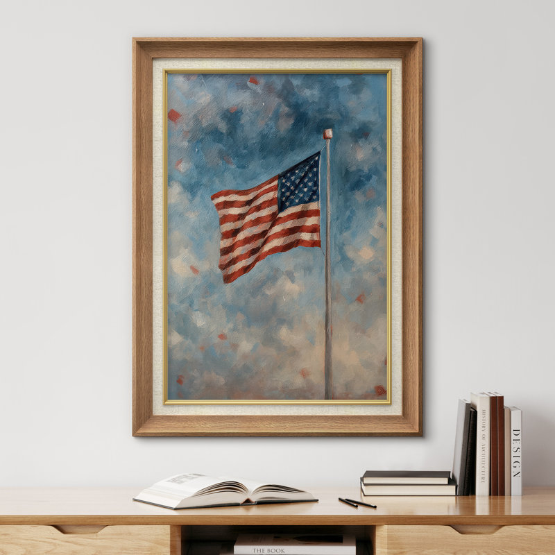 «American Flag on Pole Against Soft Clouded Sky», reproduction d'art sur toile encadrée, Cadre naturel de qualité supérieure