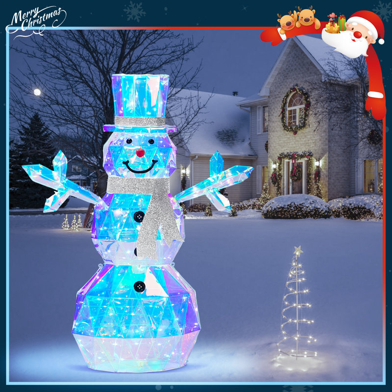 Bonhomme de neige prismatique 48 po pré-éclairé, bonhomme de neige extérieur irisé 140 LED, bonhomme de neige illuminé, piquets, attaches à fermeture à glissière, décorations de Noël imperméables pour la pelouse, la cour, le jardin, le patio