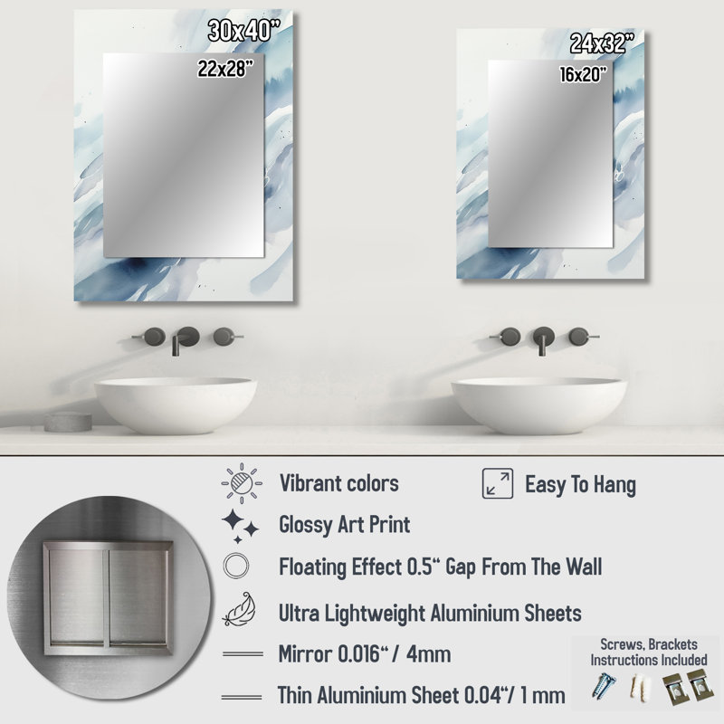 Blue Whirlwind II - Abstract Shapes Mirror, Blue Unique Wall Mirror, Printed Metal Art, 40" x 30"