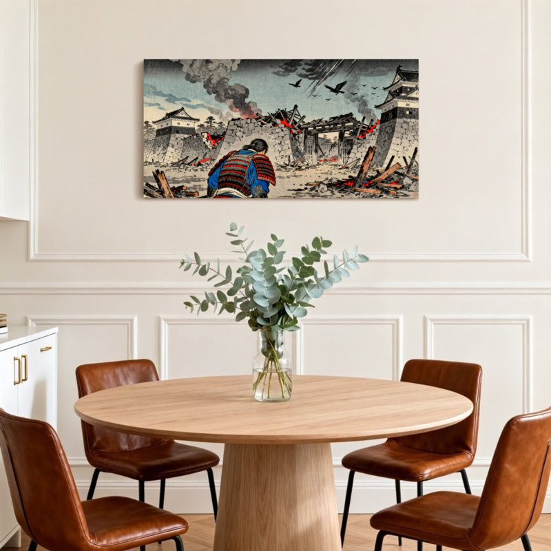 Paysage et nature scène de guerre avec Samouraï et château brûlant, H 28 po x l 58 po