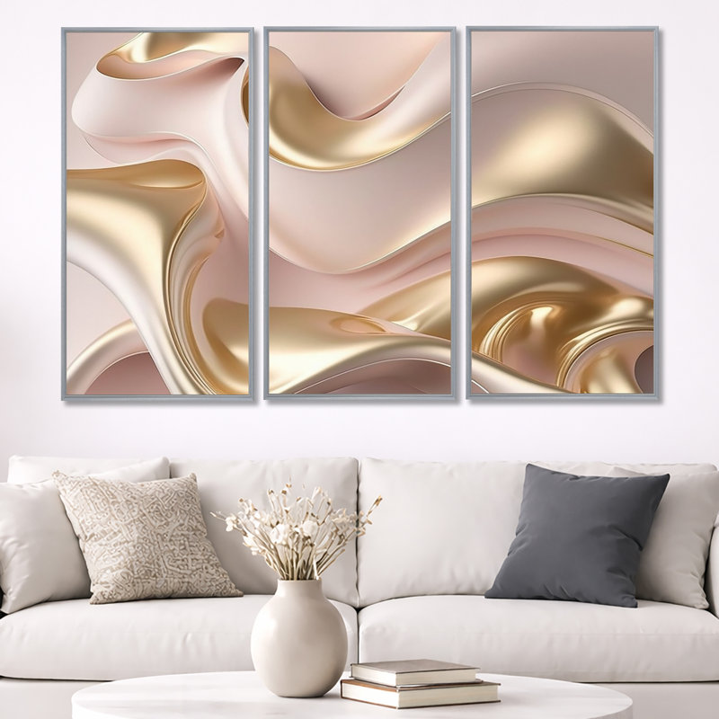 Subtile sophistication en rose exquis et or VI - 3 pièces sur toile, Cadre argenté flottant, H 40 po x l 60 po