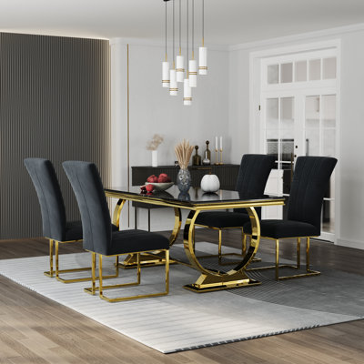 Modern Black And Gold Dining Table Set With Black Velvet Dining Chairs