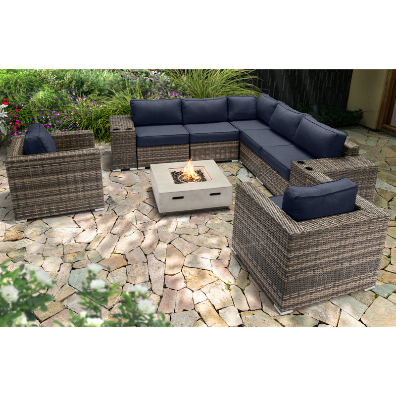 Ensemble de conversation pour 6 personnes avec foyer et coussins Sunbrella Lsi, Bleu marine Sunbrella