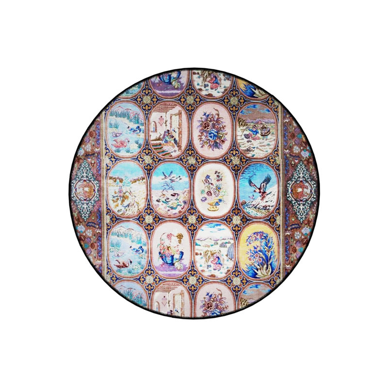 Multicolored Mixed Motif Patterned Round Woven Base Vintage Decorative Carpet, Round 2'8"