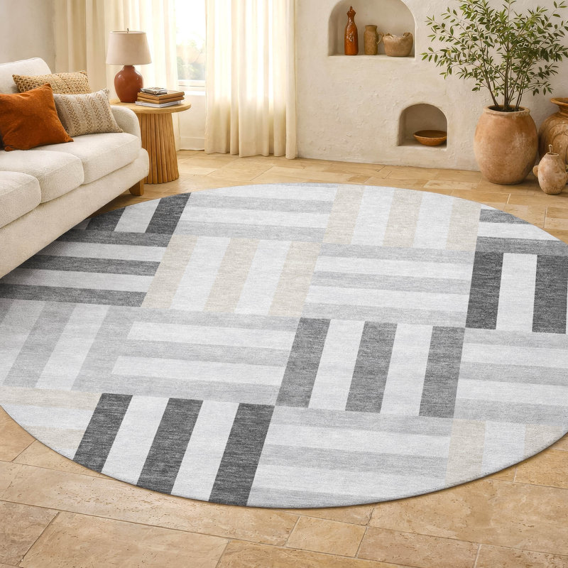 Premium Machine Washable Mayfield AMF2332 Geometric Rug, Gray, 8' Round