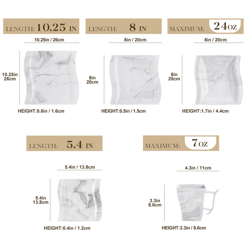 Service de table carré en porcelaine 30 pièces, service pour 6, Gris, 30
