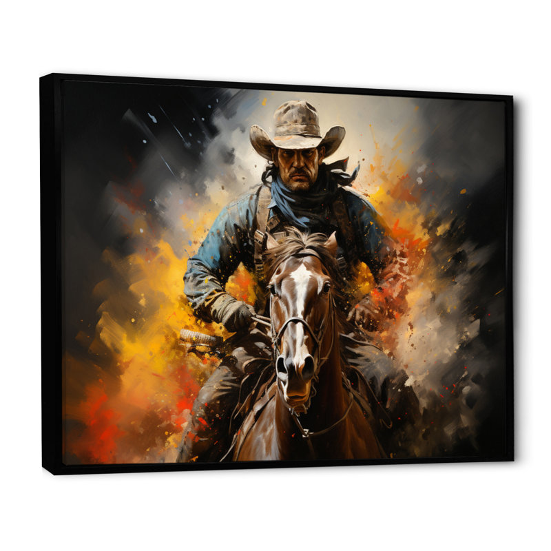 «Western Rodeo Spirit Pointillism Art», reproduction d'art sur toile, H 16 po x l 32 po x P 1 po, Cadre flottant noir