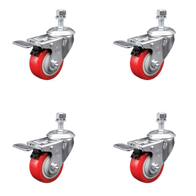 3.5 Inch Polyurethane Swivel ½ Inch Stem Caster Set with Total Lock Brake
