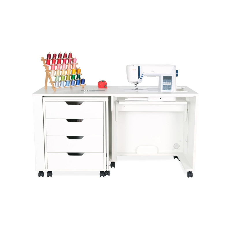 White Hydraulic Lift Sewing Cabinet with Storage and Ironing Station