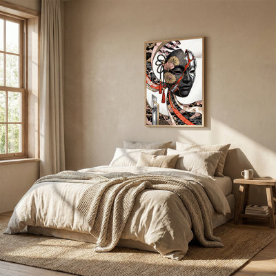 Black Lacquer Mask Split Into Silver Robot With Cherry Blossoms Canvas Wall Art