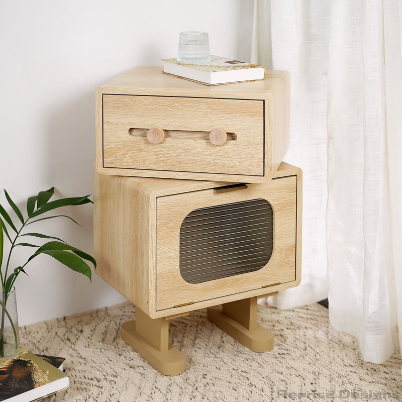 Rotatable Robot Storage Side Table with Spacious Drawer and Glass Cabinet, Perfect for Modern and Fun Decor