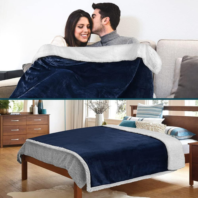 Navy Blue Sherpa Fleece Reversible Throw Blanket