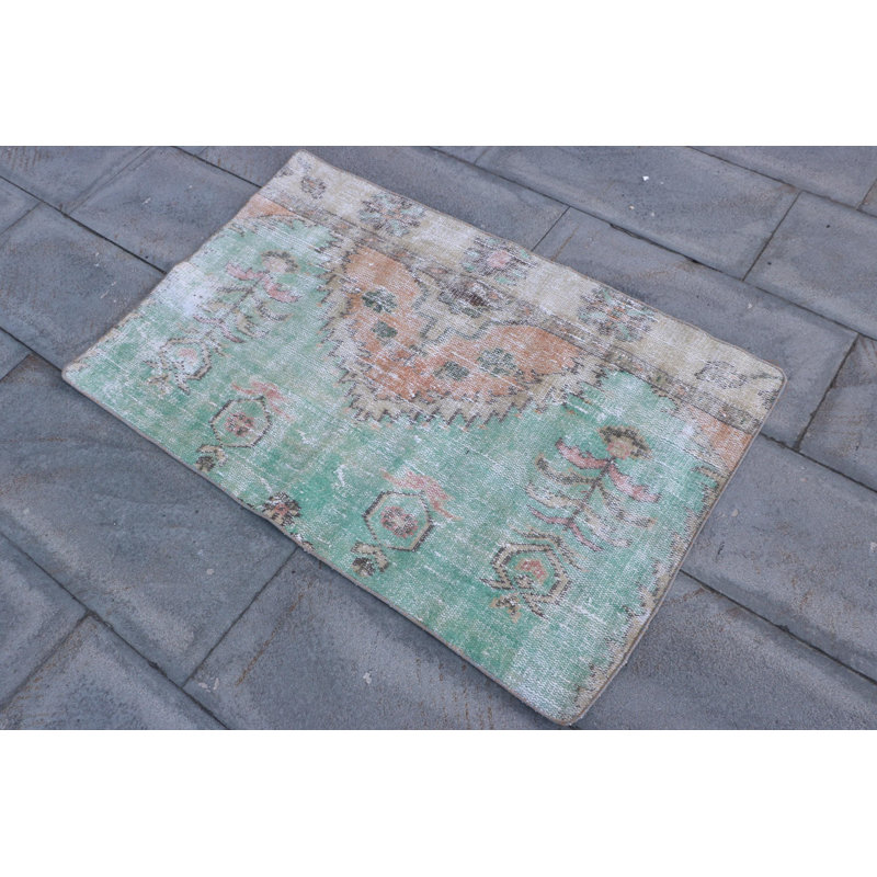 Vintage Anatolian Turkish Rug - Luxury Small Green Wool Area Rug Ideal for Bathroom or Door Mat