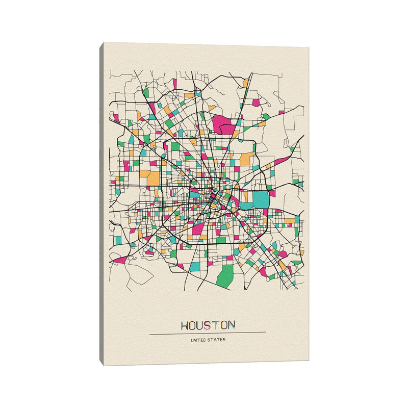 Carte de Houston, Texas par Ayse Deniz Akerman-impression, Toile tendue, Pas de tapis, H 12 po x l 8 po x P 0,75 po