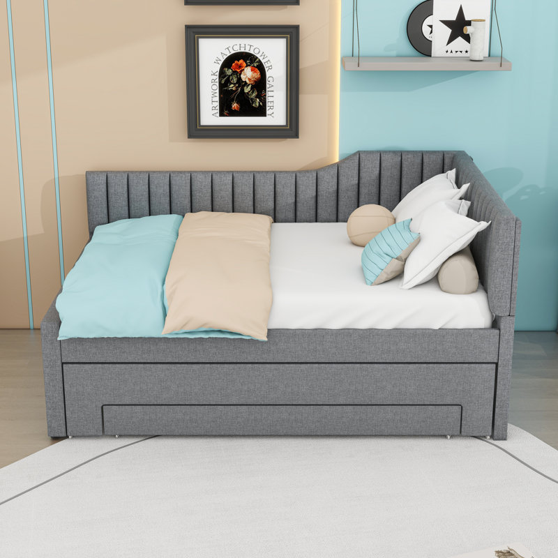 Upholstered Daybed with Three Drawers and Trundle, Gray, Full / Double
