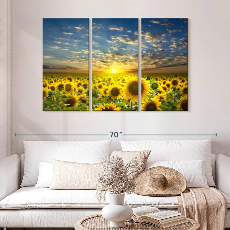 Alvord, tournesol, champ, coucher de soleil, horizon, H 32 po x l 50 po