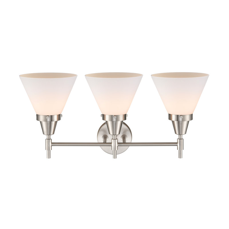 Éclairage pour meuble-lavabo 3 lumières 26 po Caden Cone, Nickel satiné, Blanc mat, Ampoule DEL 4 watts rétro