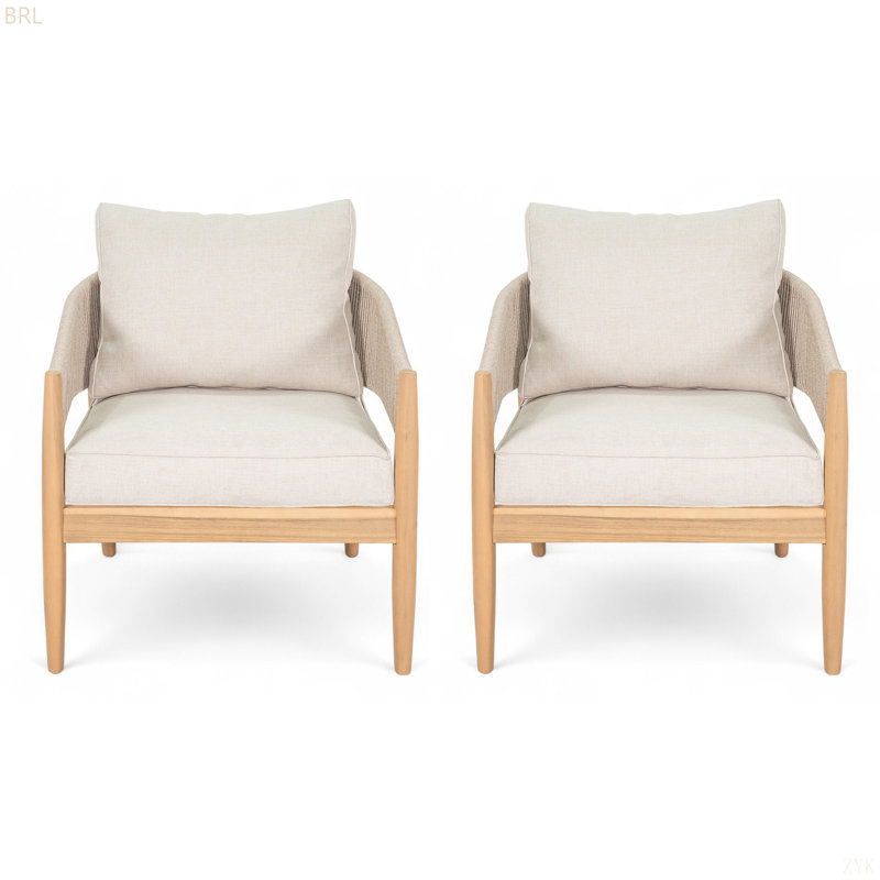 Fauteuil club d'extérieur en bois d'acacia, bois de finition naturelle, coussin beige, Naturel