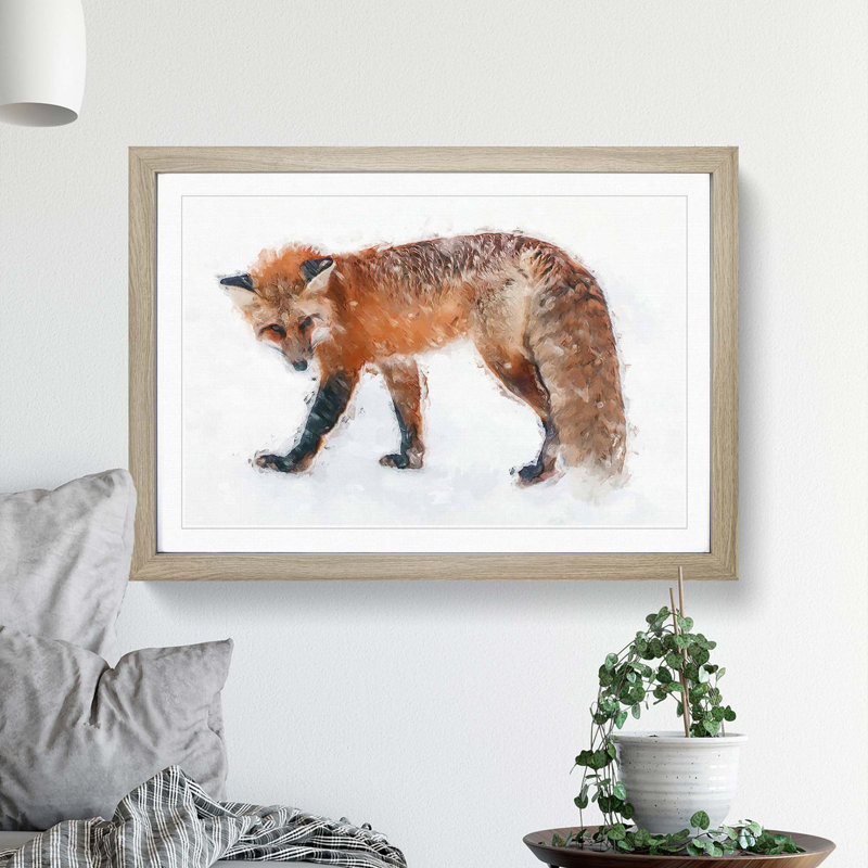 Red Fox in the Winter in Abstract - Picture Frame Painting Print, 62cm H x 87cm W x 2cm D, Oak Framed
