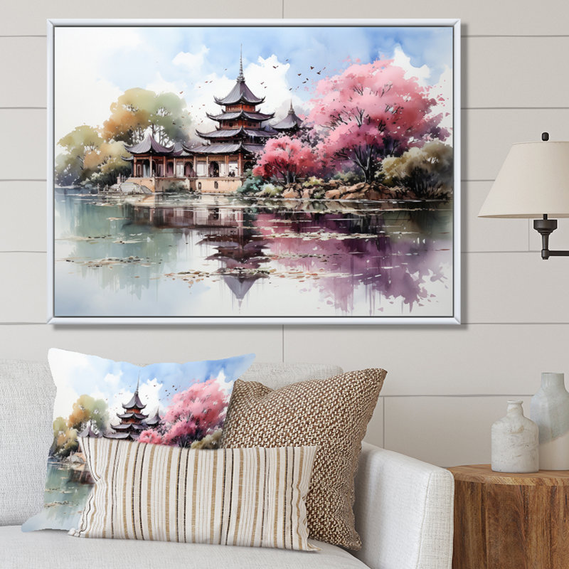 Thai Temple Reflections II - Thailand Canvas Wall Art, H 34 po x l 44 po x P 1,5 po, Cadre flottant blanc