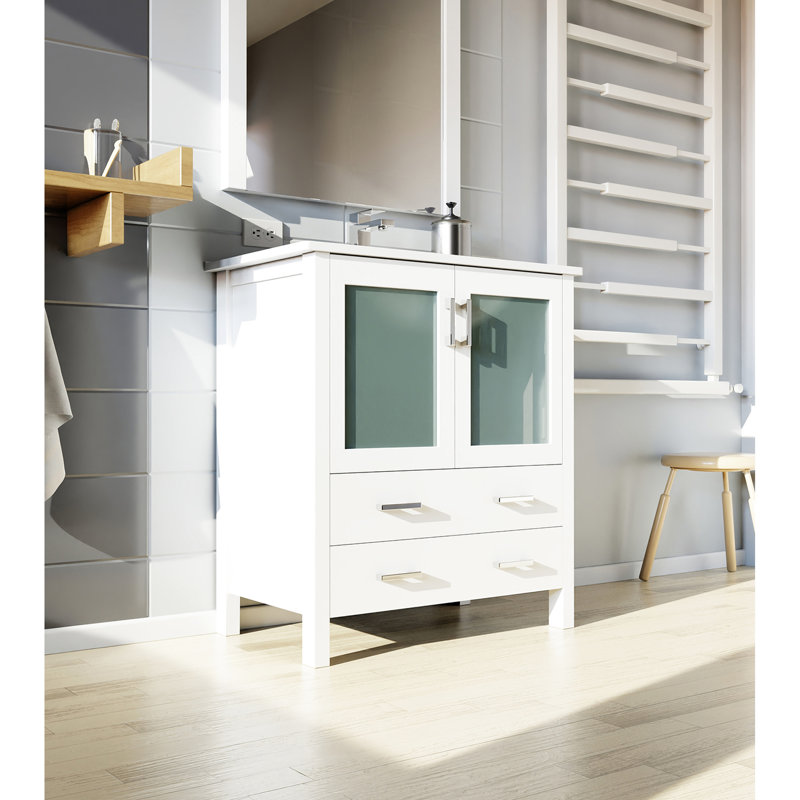 Meuble-lavabo blanc en céramique avec robinet et miroir l 28 po x H 32 po