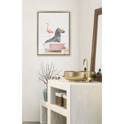 «Zebra and Flamingo in Cottage Rose Bath» par Amy Peterson, reproduction d'art sur toile encadrée