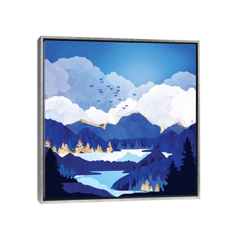 «Blue Lake», reproduction d'impression, Pas de tapis, H 18 po x l 18 po x 1,5 po, Toile avec cadre argenté