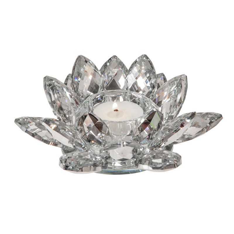 Iridescent Glass Crystal Lotus Votive Candle Holder, 2" H x 6" W x 6" D, Silver