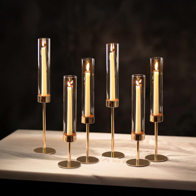 Hurricane Candle Holders Set Of 6 - Gold Taper Candlestick Holders With Cylinder Glass Covers For Windproof Table Centerpiece Decor