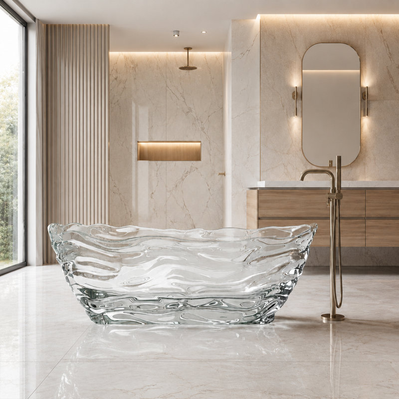 69'' Transparent Resin Freestanding Bathtub with Sculpted Wave Edge and Ripple Texture