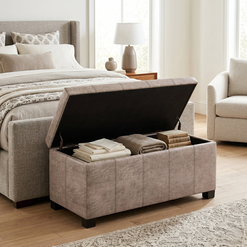 Repose-pieds rectangulaire avec rangement relevable Dover, Similicuir taupe grise