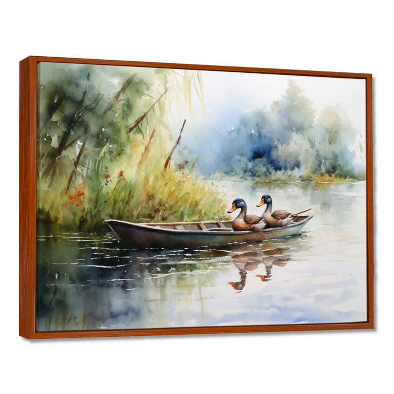Ducks In A Little Boat On The Lake - Duck, reproduction d'art encadrée, H 30 po x l 40 po x P 1,5 po, Cadre flottant brun