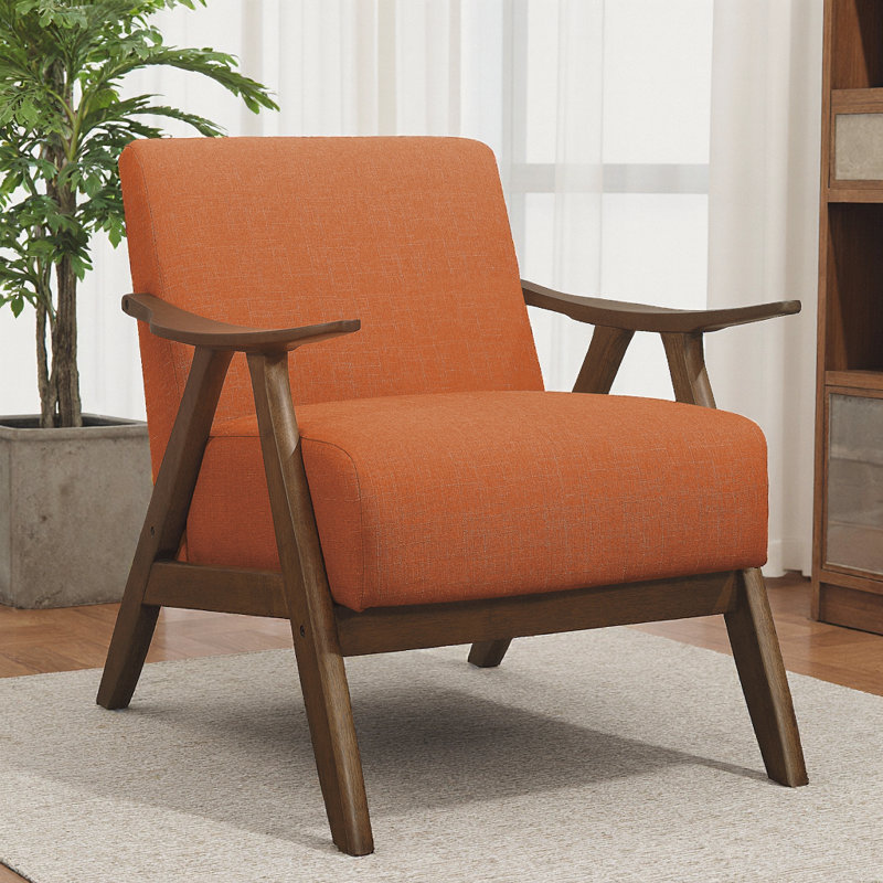 Fauteuil d'appoint en tissu rétro avec siège et dossier en bois massif rétro, Orange, Noyer