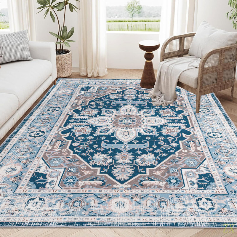 Area Rug 8X10 Vintage Bohemia Large Persian Non-Slip Washable Rug For Living Room Kitchen Bedroom Living Room Flower Design