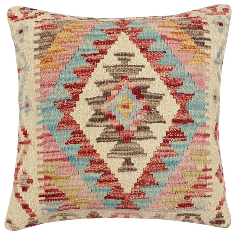 Oreiller rustique en kilim tissé à la main Caballer - 17 po x 18 po Rustic, H 18 po x l 18 po, Rouille / bleu / beige / rouge