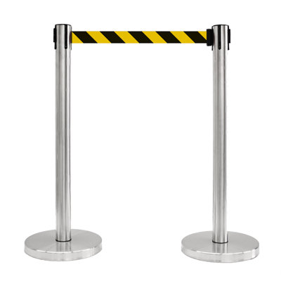 36" Retractable Belt Queue Safety Stanchion Barrier (2 Mirror Post w/78" Black/Yellow Belt)