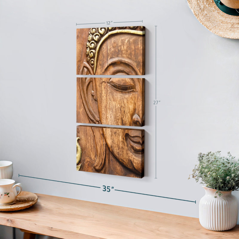 Bouddha en bois sculpté 3 pièces, H 27 po x l 12 po x P 1 po