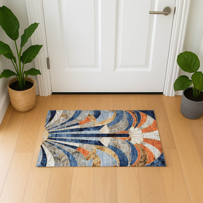 Premium Machine Washable Mayfield geometric Rug, 1'8" x 2'6", Navy