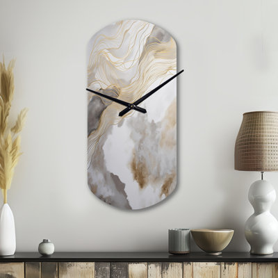 Gold And Grey Abstracted Line Artistry V - Line Art Asymmetrical Metal Wall Clock, Gold Unique Shape Metal Wall Clock Print