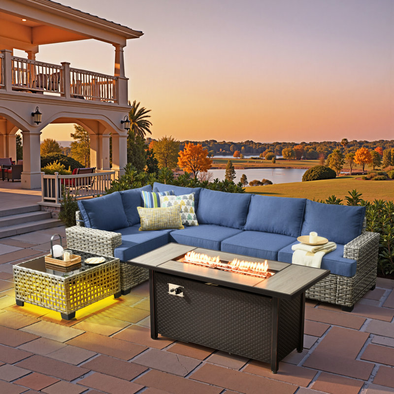 5-person  Outdoor Sectional With Cushions,led Coffee Table And Fire Pit,all-weather Wicker Patio Set, Denim Blue