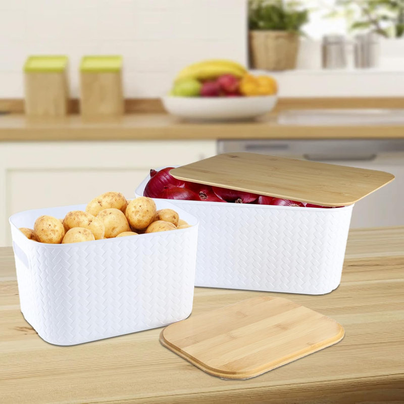 Potato And Onion Storage Bin Set,Vegetable Storage For Onion And Potato Storages Bins,Kitchen Storages Organization With Bamboo Lid&Handle