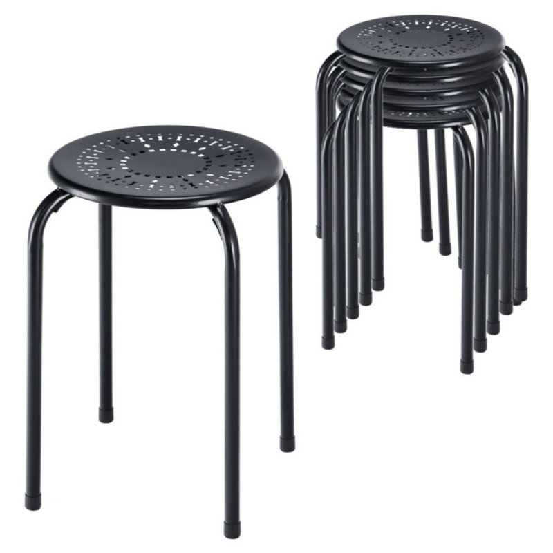6-Pack Stackable Multifunctional Daisy Design Backless Round Metal Stool Set, Black