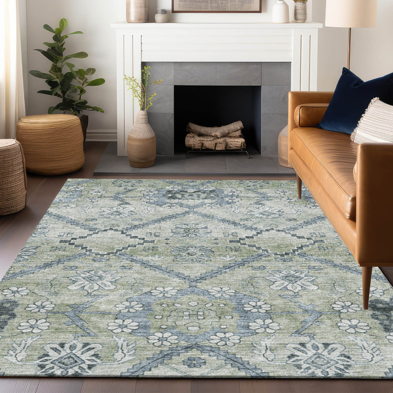 Premium Washable Green and Gray Synthetic Rectangular Rug