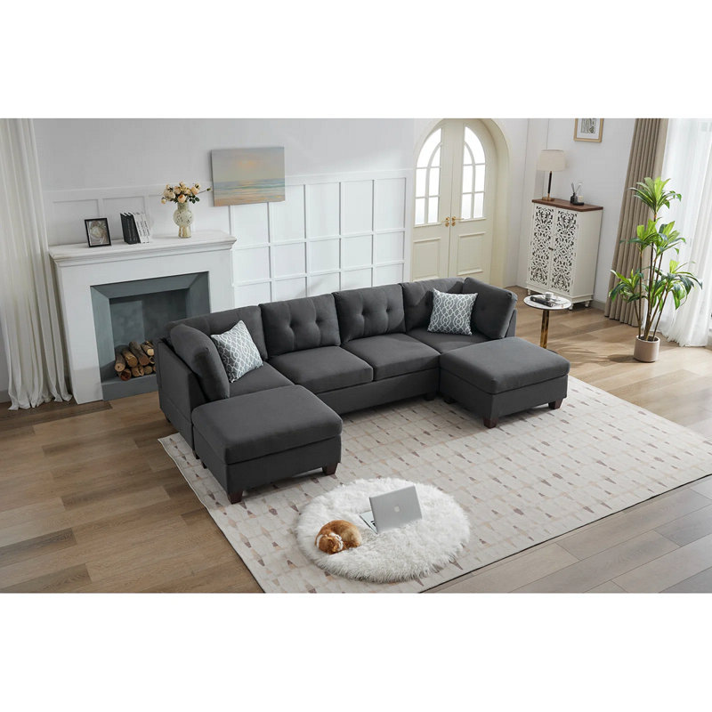 Canapé modulaire rembourré avec deux chaises longues, Lin gris foncé